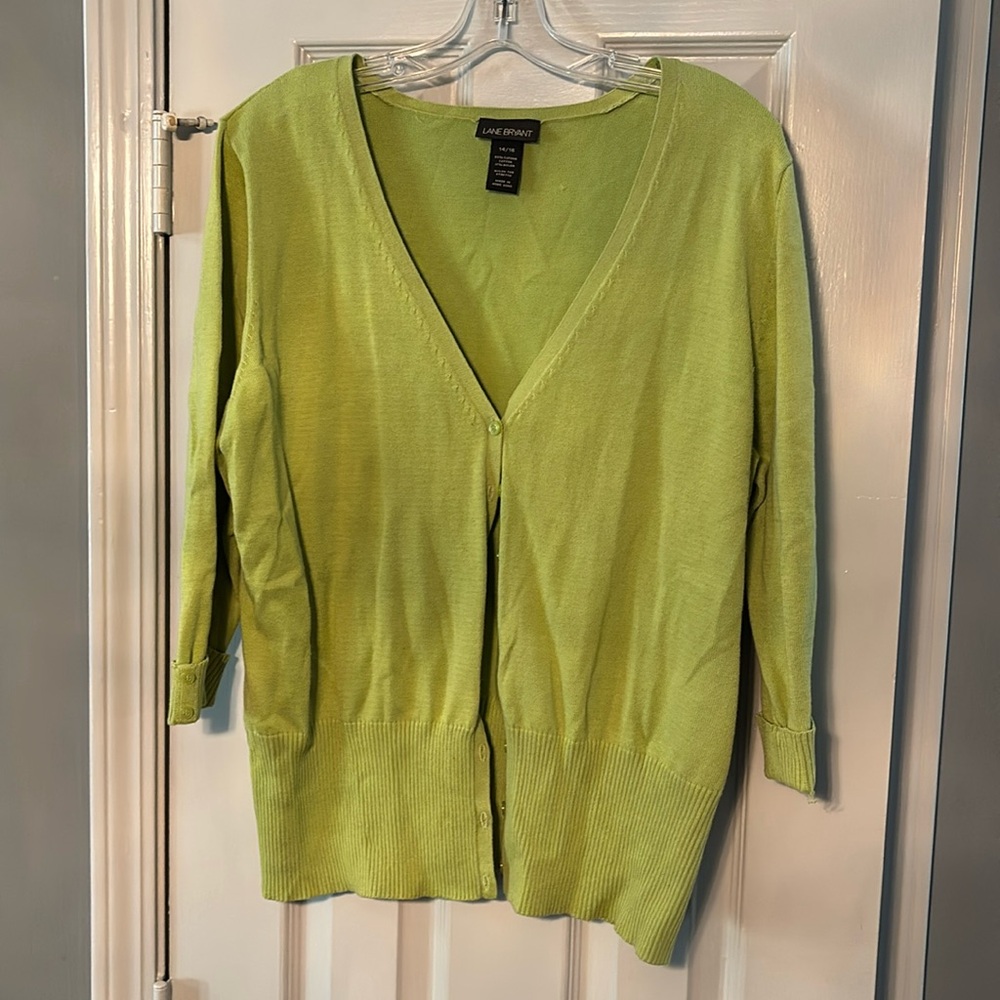 Lane Bryant Chartreuse green button up lightweight cuffed Sweater